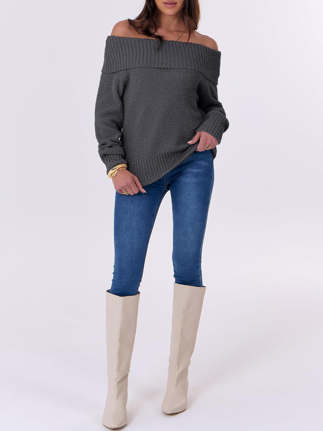 imageANRABESS Off The Shoulder Sweaters for Women 2025 Fall Turtleneck Long Sleeve Fuzzy Knit Warm Casual Winter SweaterDeep Gray