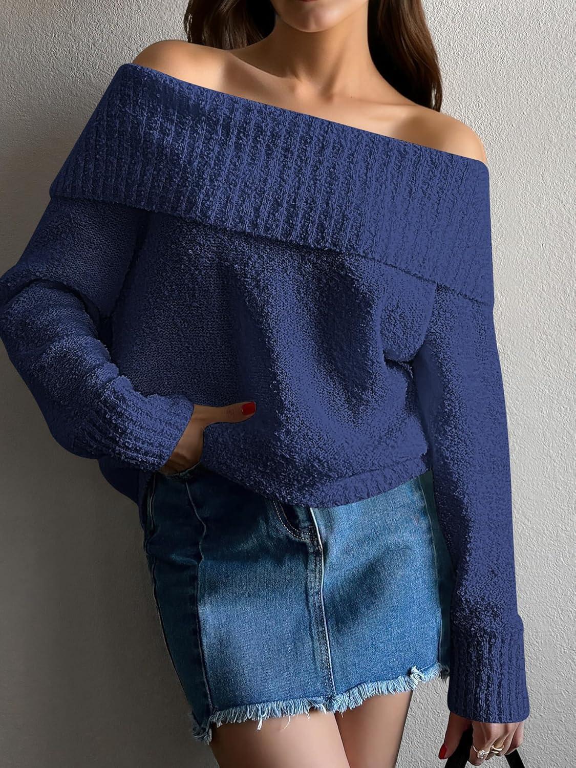 imageANRABESS Off The Shoulder Sweaters for Women 2025 Fall Turtleneck Long Sleeve Fuzzy Knit Warm Casual Winter SweaterNavy Blue