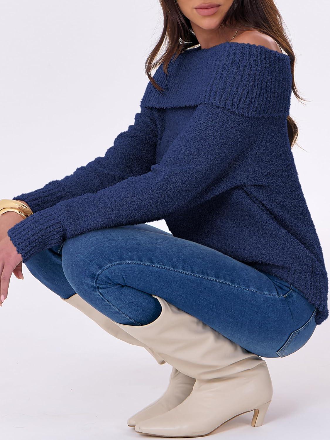 imageANRABESS Off The Shoulder Sweaters for Women 2025 Fall Turtleneck Long Sleeve Fuzzy Knit Warm Casual Winter SweaterNavy Blue