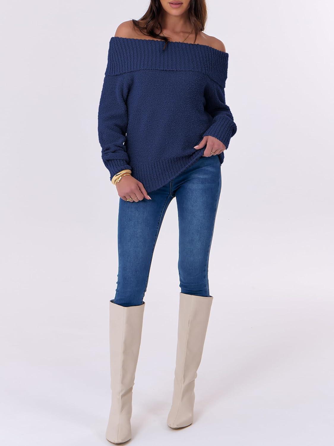 imageANRABESS Off The Shoulder Sweaters for Women 2025 Fall Turtleneck Long Sleeve Fuzzy Knit Warm Casual Winter SweaterNavy Blue