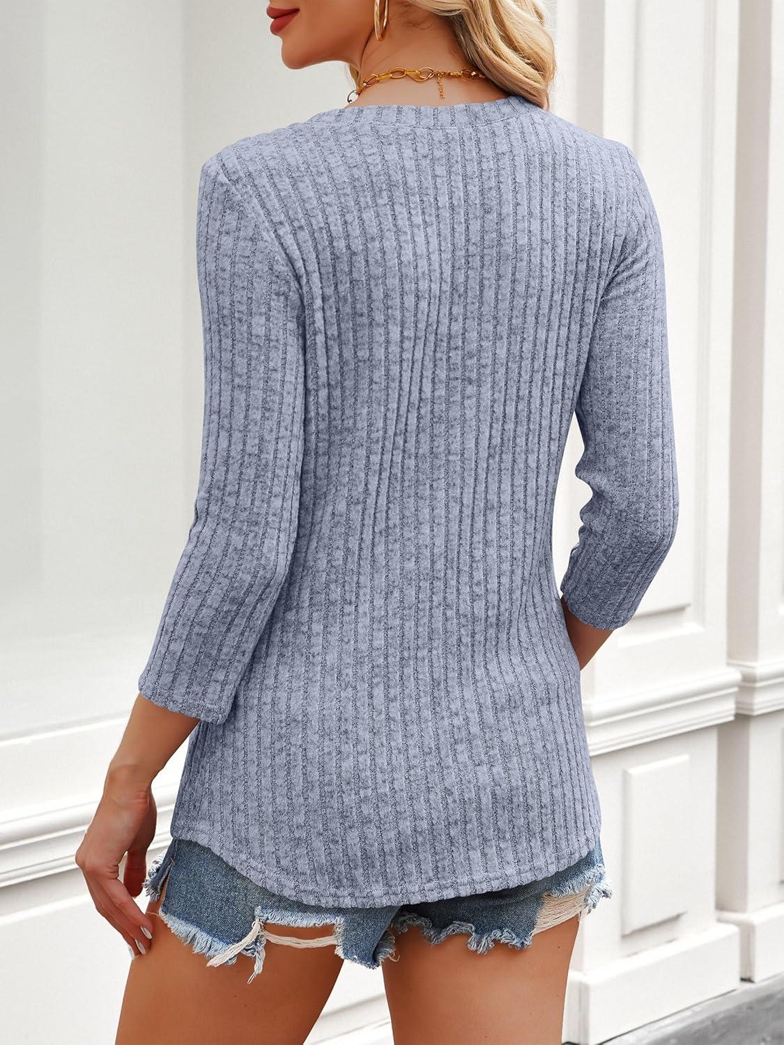 imageANRABESS Women 34 Sleeve Length Shirts 2025 Fall Lightweight Sweaters Loose Fit Ribbed Knit Casual Soft Layering TopsBlue