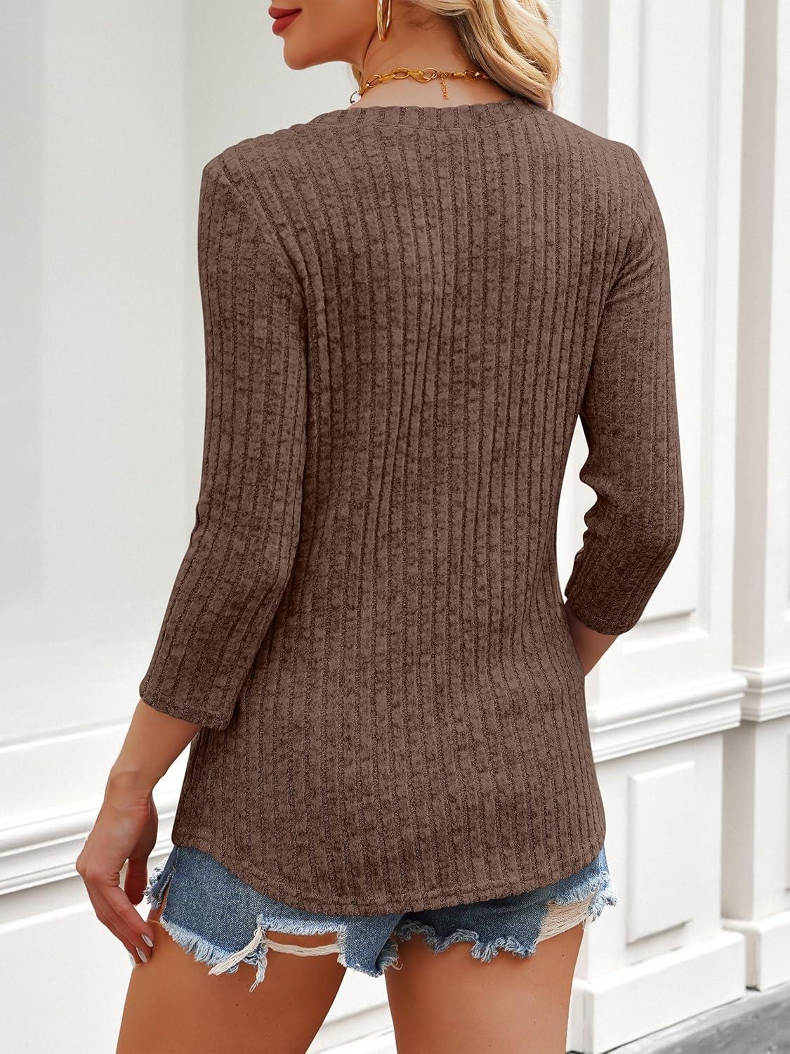 imageANRABESS Women 34 Sleeve Length Shirts 2025 Fall Lightweight Sweaters Loose Fit Ribbed Knit Casual Soft Layering TopsBrown