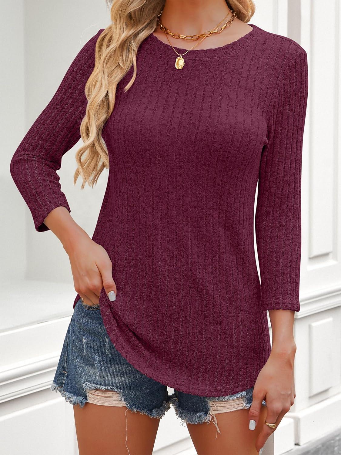 imageANRABESS Women 34 Sleeve Length Shirts 2025 Fall Lightweight Sweaters Loose Fit Ribbed Knit Casual Soft Layering TopsBurgundy