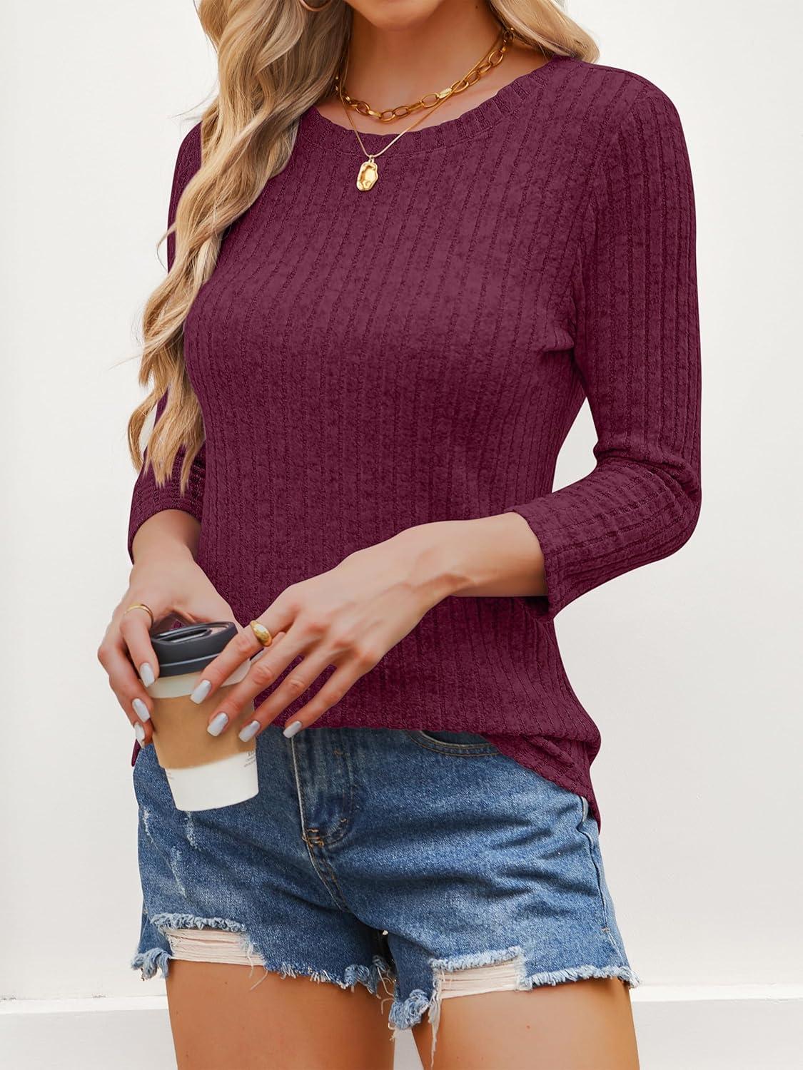 imageANRABESS Women 34 Sleeve Length Shirts 2025 Fall Lightweight Sweaters Loose Fit Ribbed Knit Casual Soft Layering TopsBurgundy