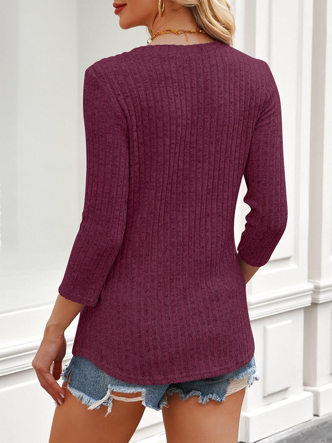 imageANRABESS Women 34 Sleeve Length Shirts 2025 Fall Lightweight Sweaters Loose Fit Ribbed Knit Casual Soft Layering TopsBurgundy
