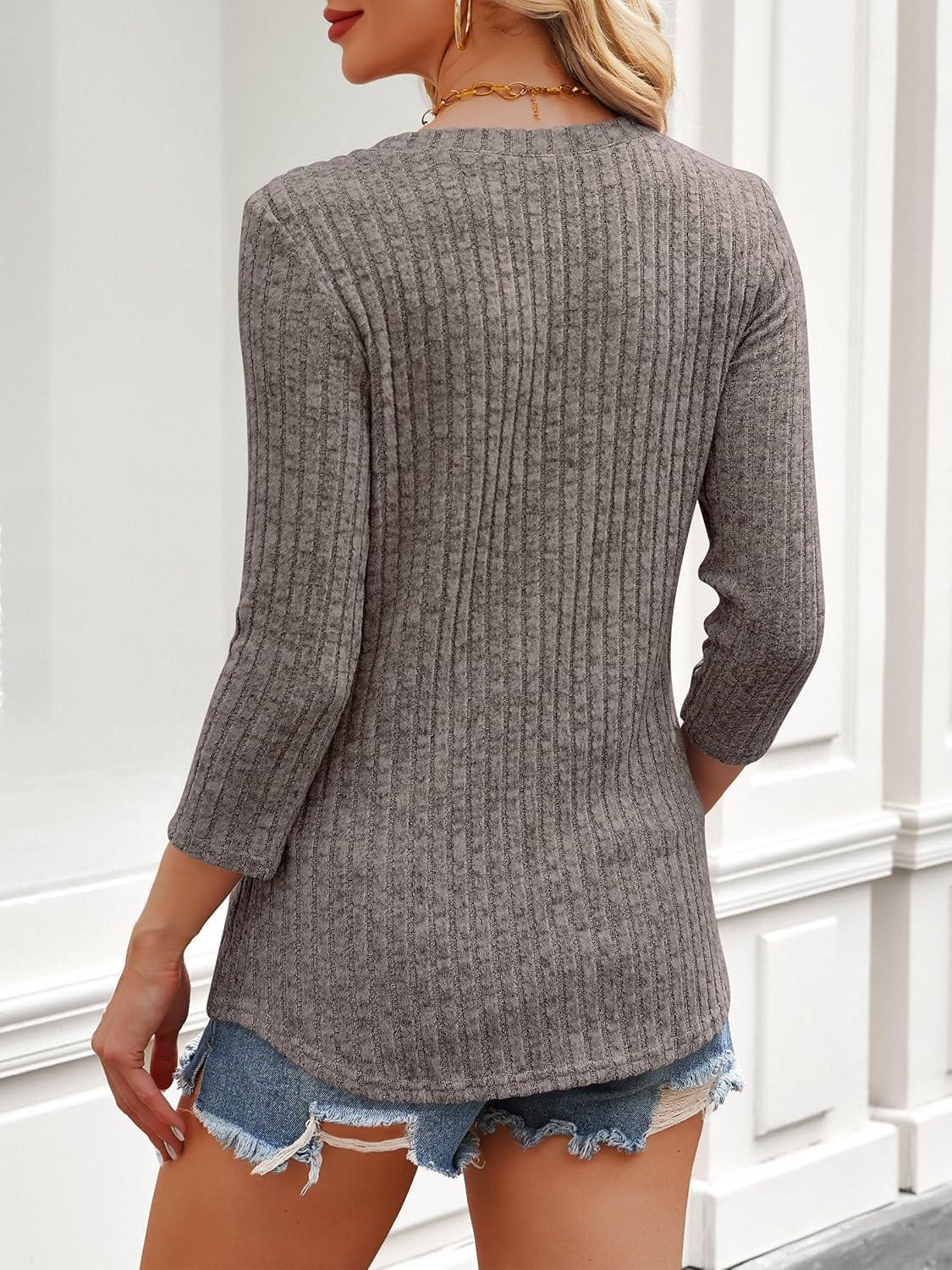 imageANRABESS Women 34 Sleeve Length Shirts 2025 Fall Lightweight Sweaters Loose Fit Ribbed Knit Casual Soft Layering TopsCool Ash Brown