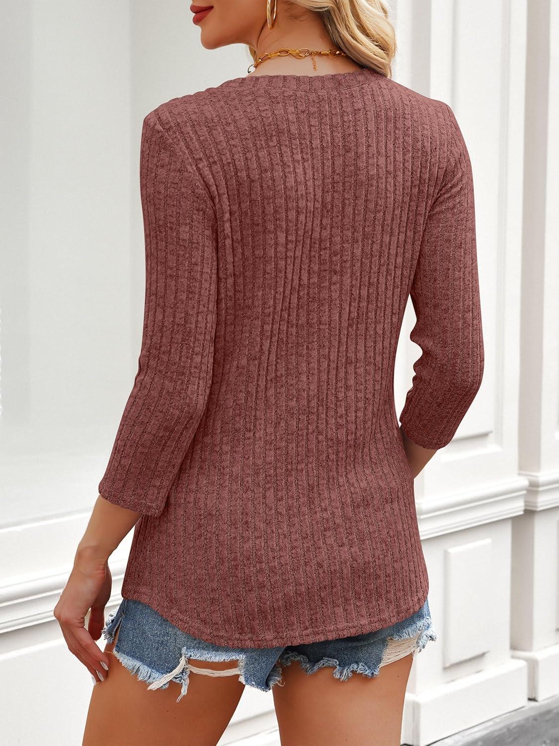 imageANRABESS Women 34 Sleeve Length Shirts 2025 Fall Lightweight Sweaters Loose Fit Ribbed Knit Casual Soft Layering TopsRust Orange