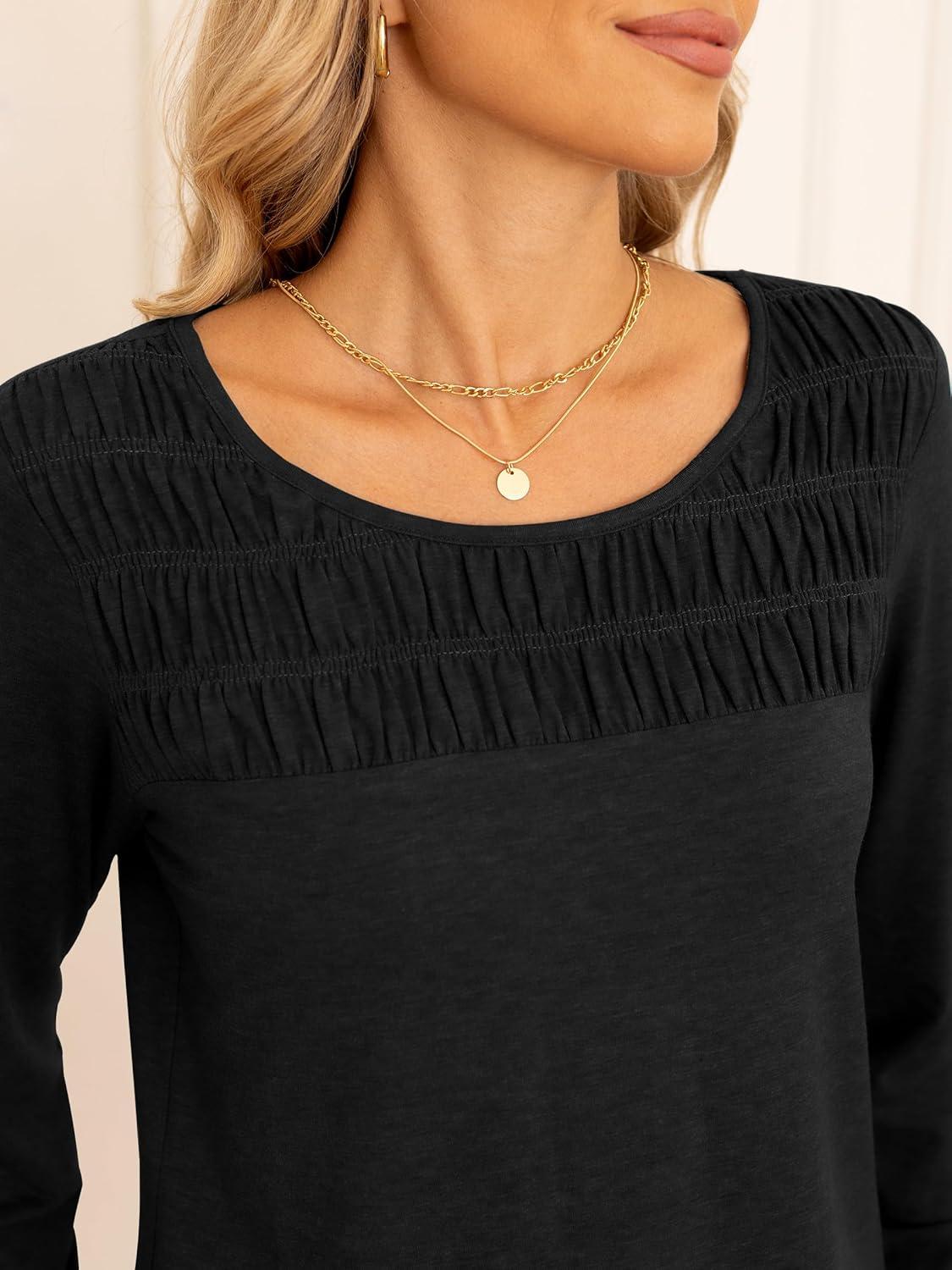 imageANRABESS Women Shirts Long Sleeve Crewneck Smocked Tunic Tops with Leggings Dressy Casual TShirt Business Work BlousesBlack