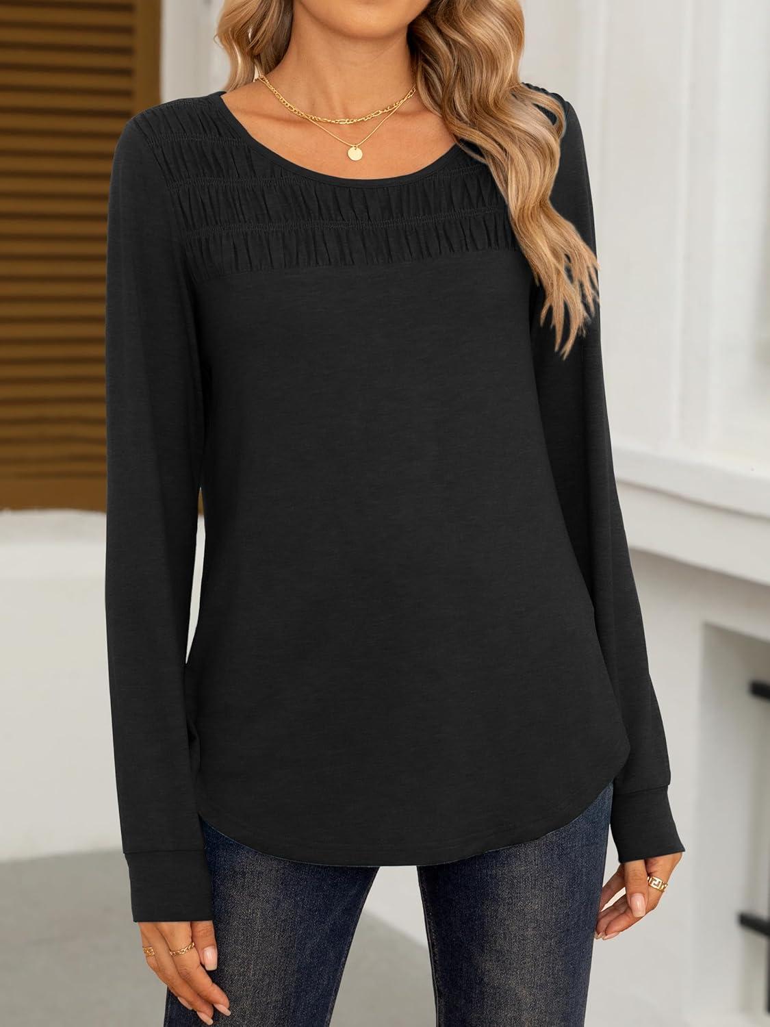 imageANRABESS Women Shirts Long Sleeve Crewneck Smocked Tunic Tops with Leggings Dressy Casual TShirt Business Work BlousesBlack