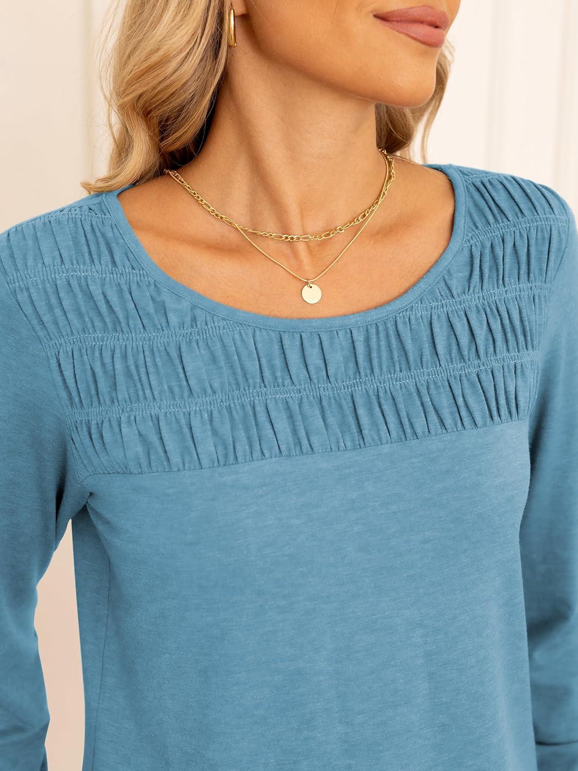 imageANRABESS Women Shirts Long Sleeve Crewneck Smocked Tunic Tops with Leggings Dressy Casual TShirt Business Work BlousesBlue Green