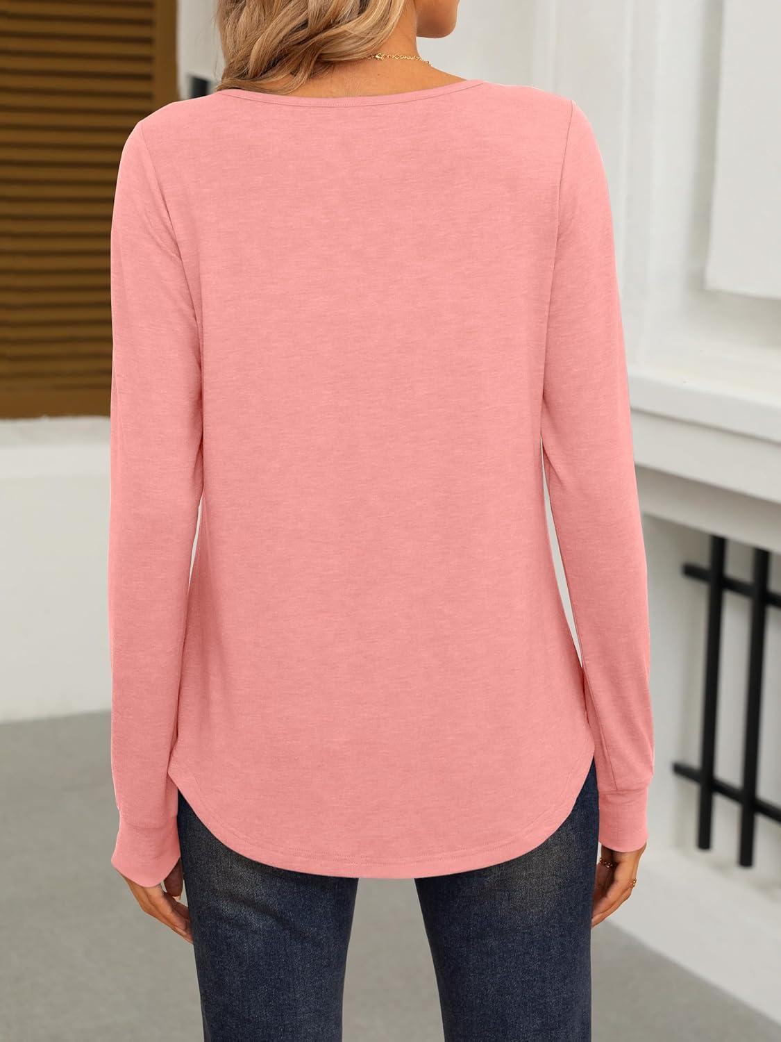 imageANRABESS Women Shirts Long Sleeve Crewneck Smocked Tunic Tops with Leggings Dressy Casual TShirt Business Work BlousesCoral