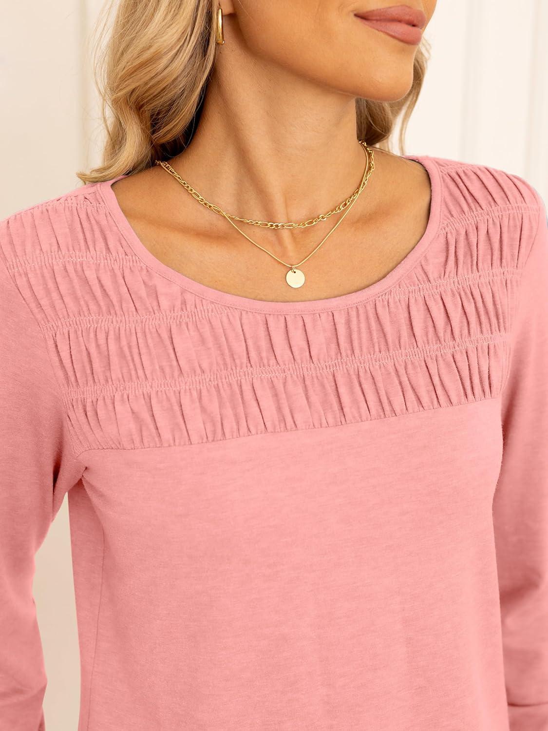 imageANRABESS Women Shirts Long Sleeve Crewneck Smocked Tunic Tops with Leggings Dressy Casual TShirt Business Work BlousesCoral