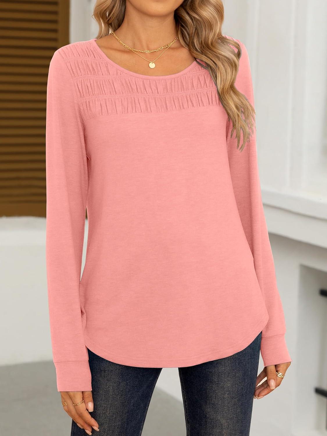 imageANRABESS Women Shirts Long Sleeve Crewneck Smocked Tunic Tops with Leggings Dressy Casual TShirt Business Work BlousesCoral