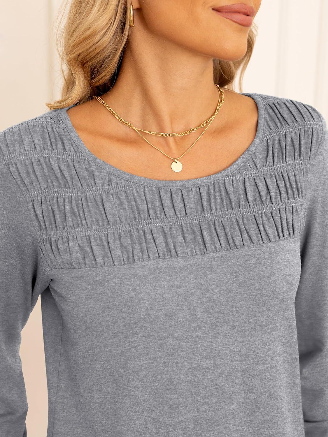imageANRABESS Women Shirts Long Sleeve Crewneck Smocked Tunic Tops with Leggings Dressy Casual TShirt Business Work BlousesGrey