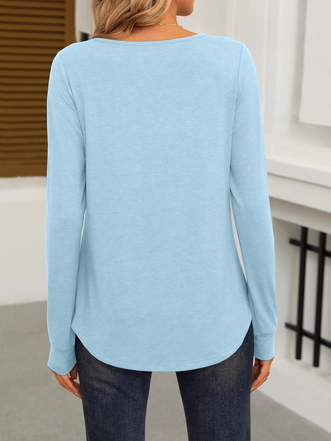 imageANRABESS Women Shirts Long Sleeve Crewneck Smocked Tunic Tops with Leggings Dressy Casual TShirt Business Work BlousesSky