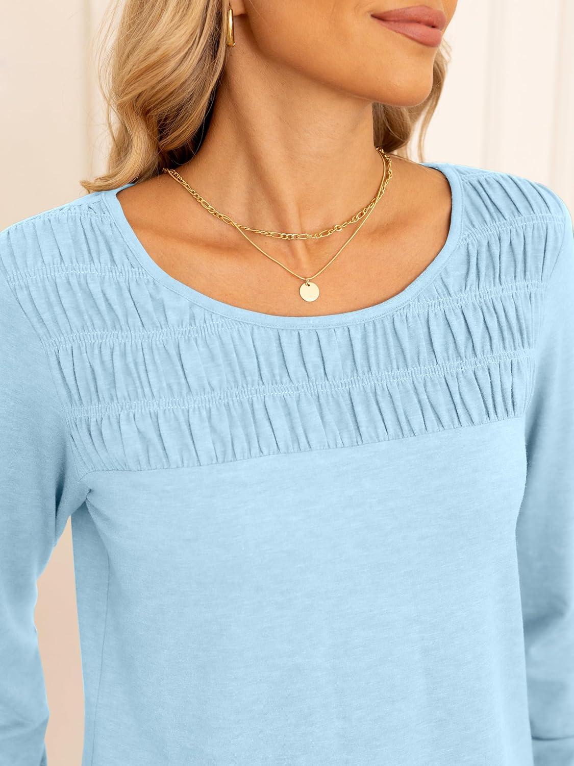 imageANRABESS Women Shirts Long Sleeve Crewneck Smocked Tunic Tops with Leggings Dressy Casual TShirt Business Work BlousesSky