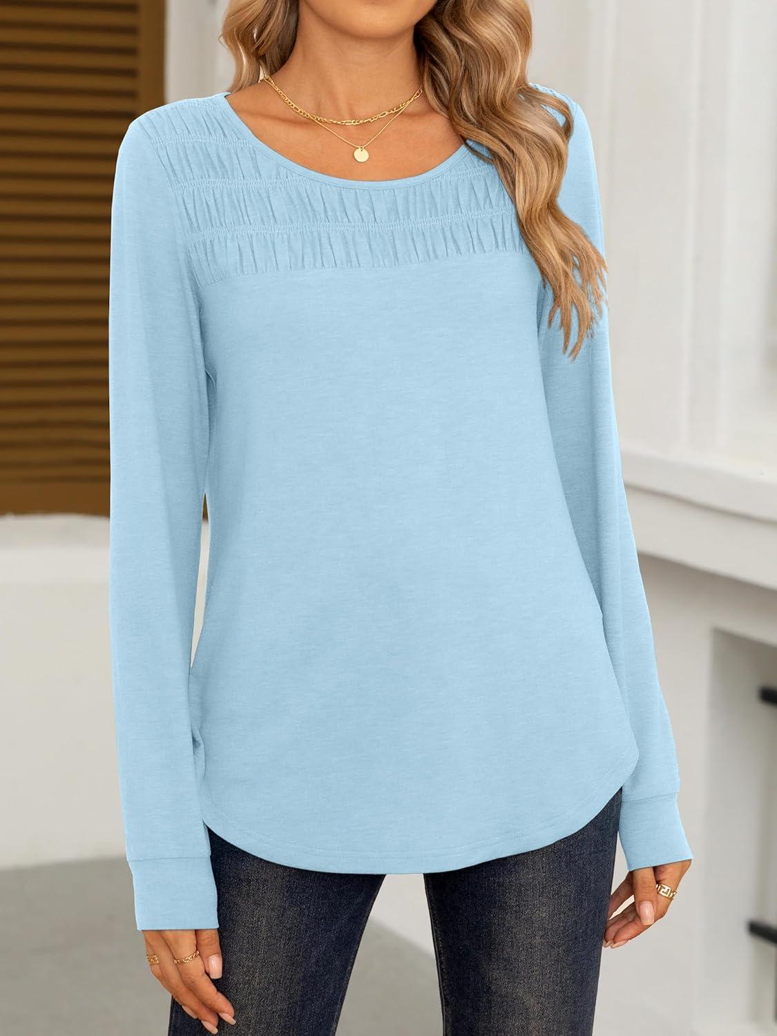 imageANRABESS Women Shirts Long Sleeve Crewneck Smocked Tunic Tops with Leggings Dressy Casual TShirt Business Work BlousesSky