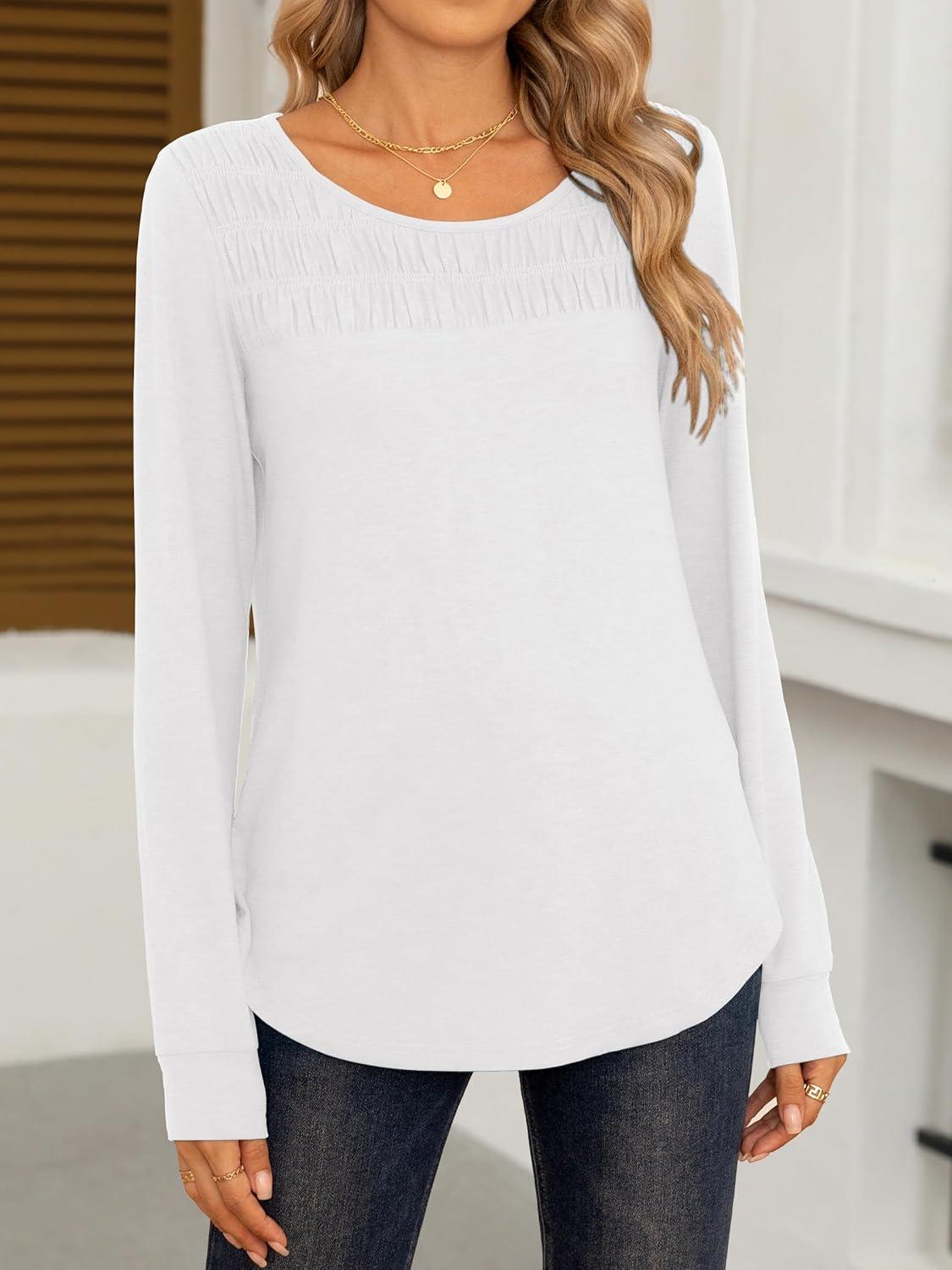 imageANRABESS Women Shirts Long Sleeve Crewneck Smocked Tunic Tops with Leggings Dressy Casual TShirt Business Work BlousesWhite