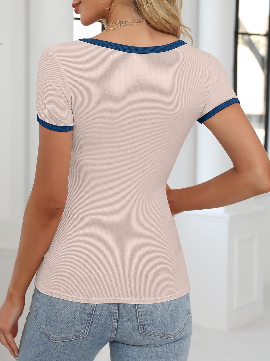 imageANRABESS Women Short Sleeve Tops Square Neck Ribbed Knit Color Block T Shirts Fitted Casual Summer 2025 Trendy Basic TeesBeige