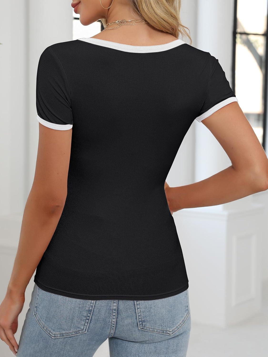 imageANRABESS Women Short Sleeve Tops Square Neck Ribbed Knit Color Block T Shirts Fitted Casual Summer 2025 Trendy Basic TeesBlack