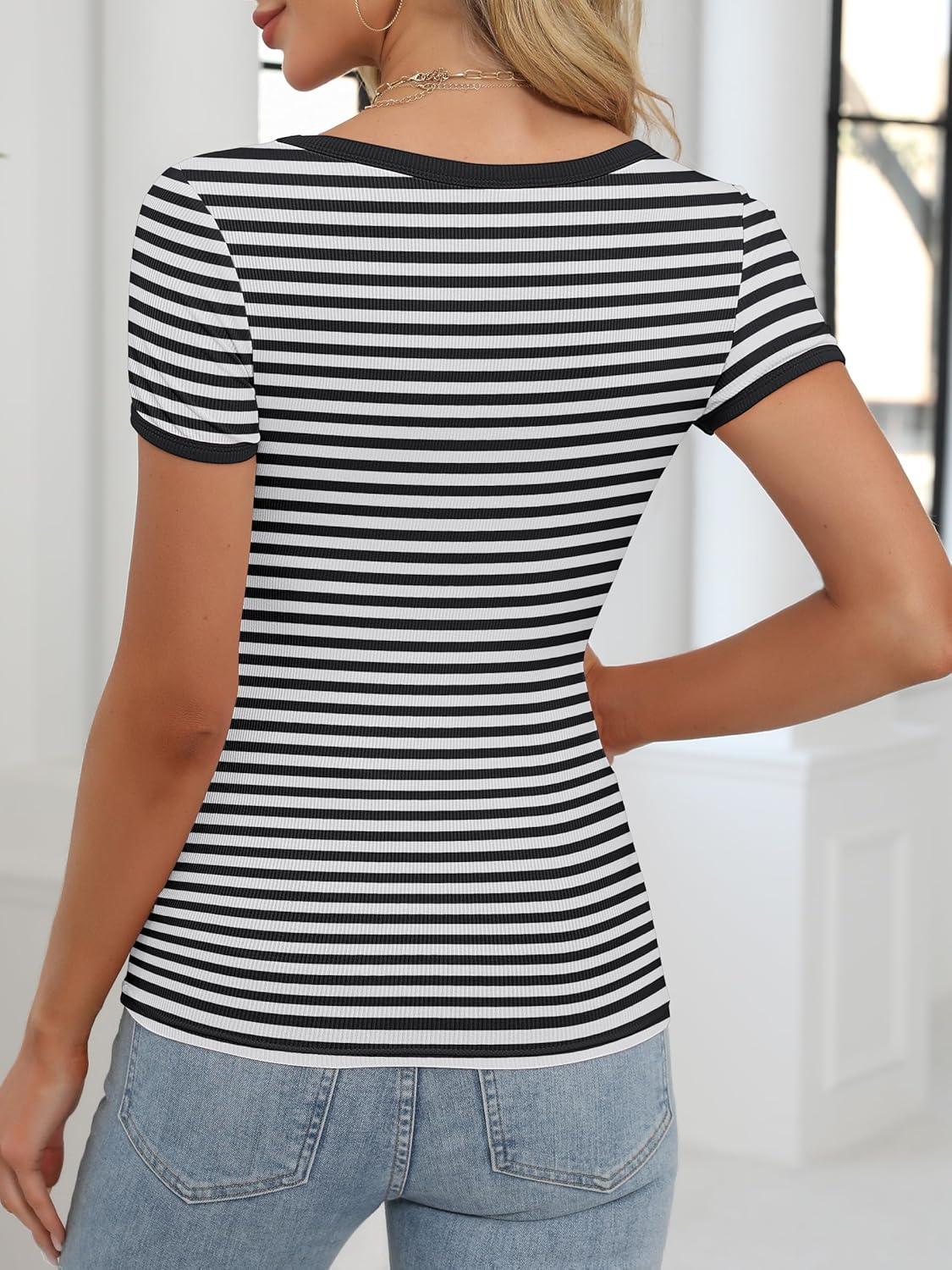 imageANRABESS Women Short Sleeve Tops Square Neck Ribbed Knit Color Block T Shirts Fitted Casual Summer 2025 Trendy Basic TeesBlack White Stripe