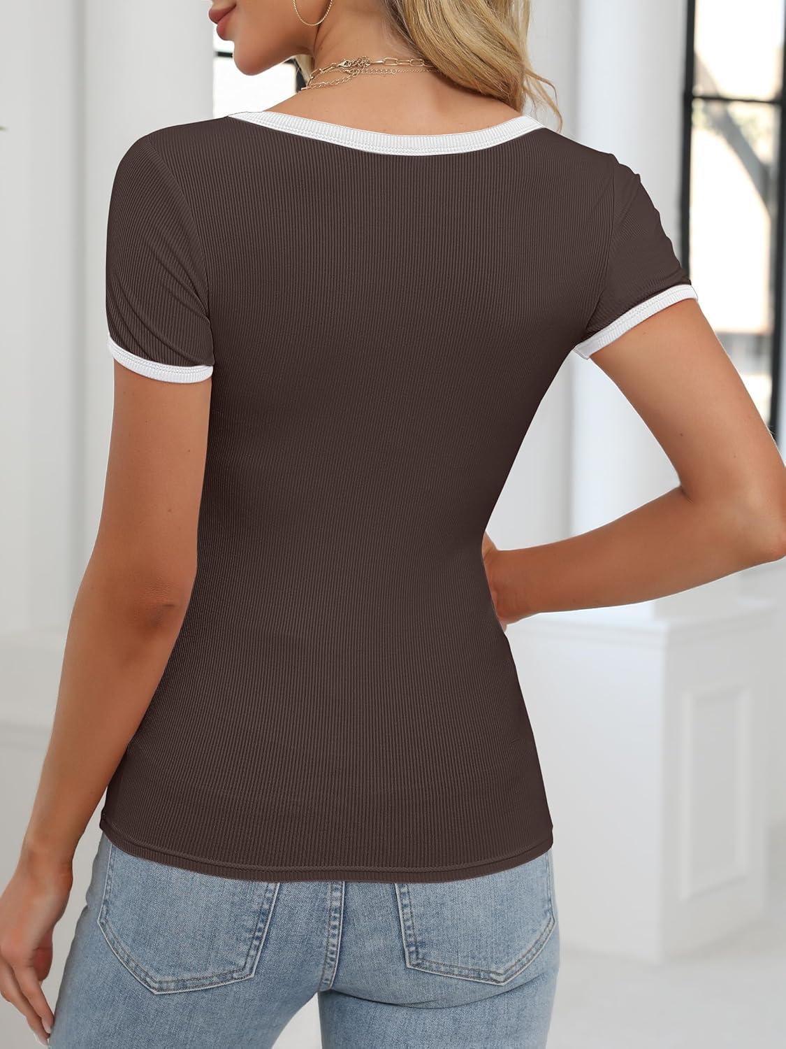 imageANRABESS Women Short Sleeve Tops Square Neck Ribbed Knit Color Block T Shirts Fitted Casual Summer 2025 Trendy Basic TeesCoffee