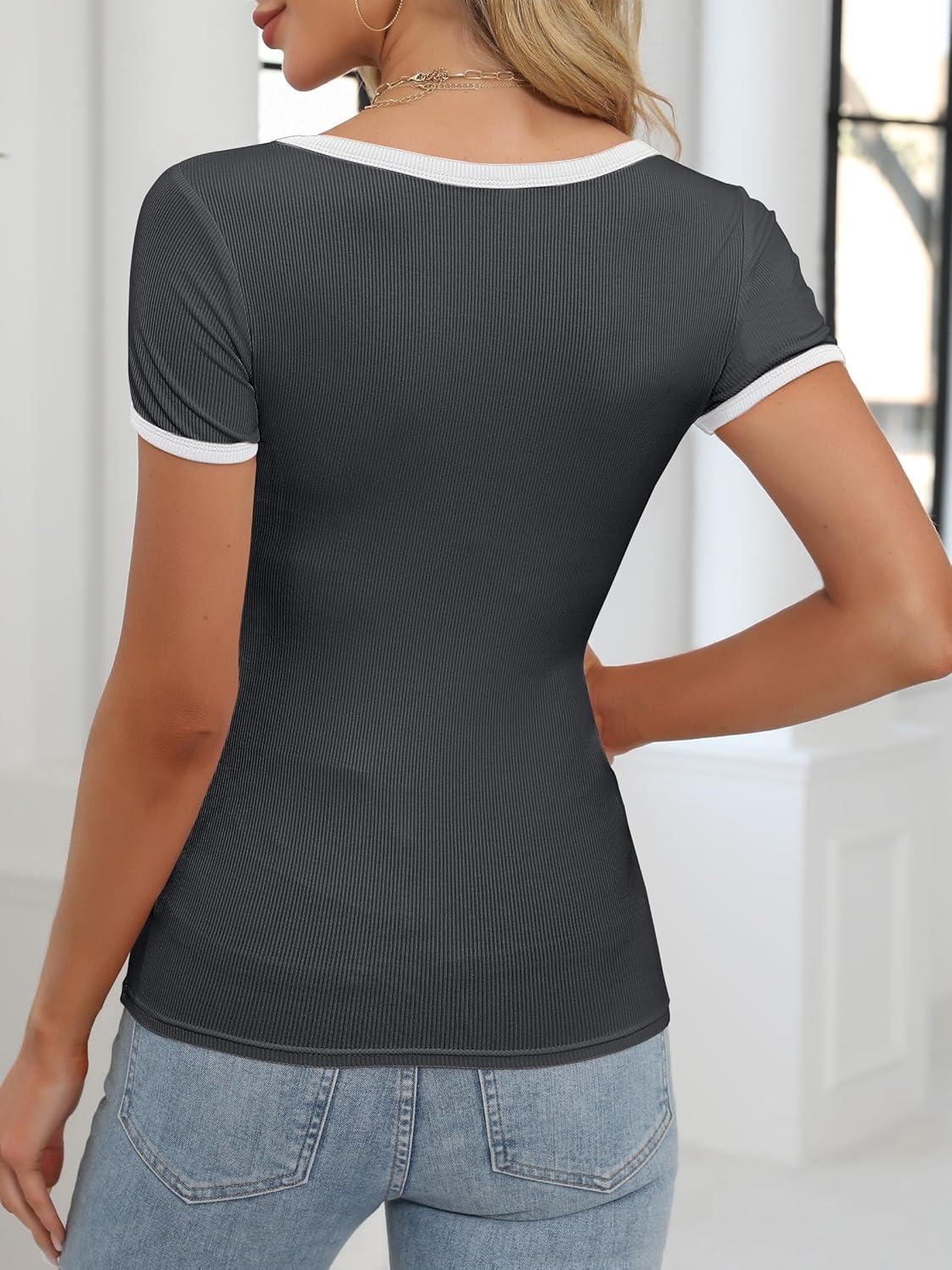 imageANRABESS Women Short Sleeve Tops Square Neck Ribbed Knit Color Block T Shirts Fitted Casual Summer 2025 Trendy Basic TeesDark Gray