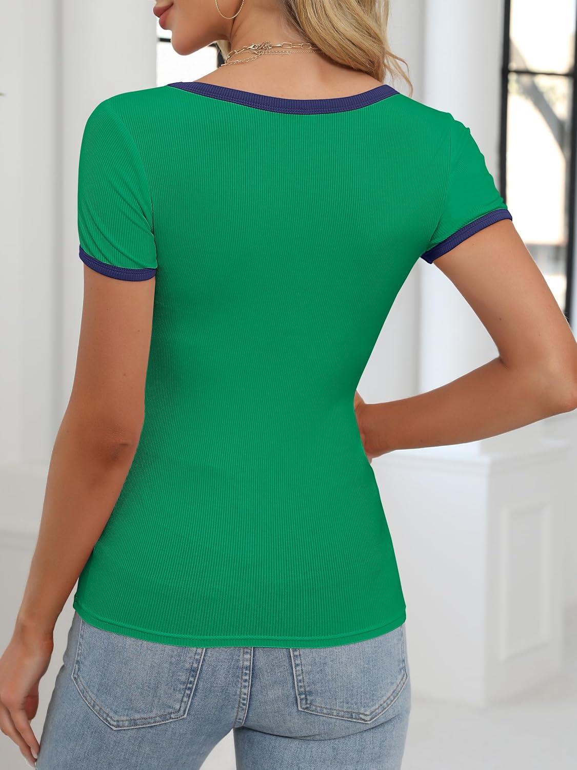 imageANRABESS Women Short Sleeve Tops Square Neck Ribbed Knit Color Block T Shirts Fitted Casual Summer 2025 Trendy Basic TeesGreen