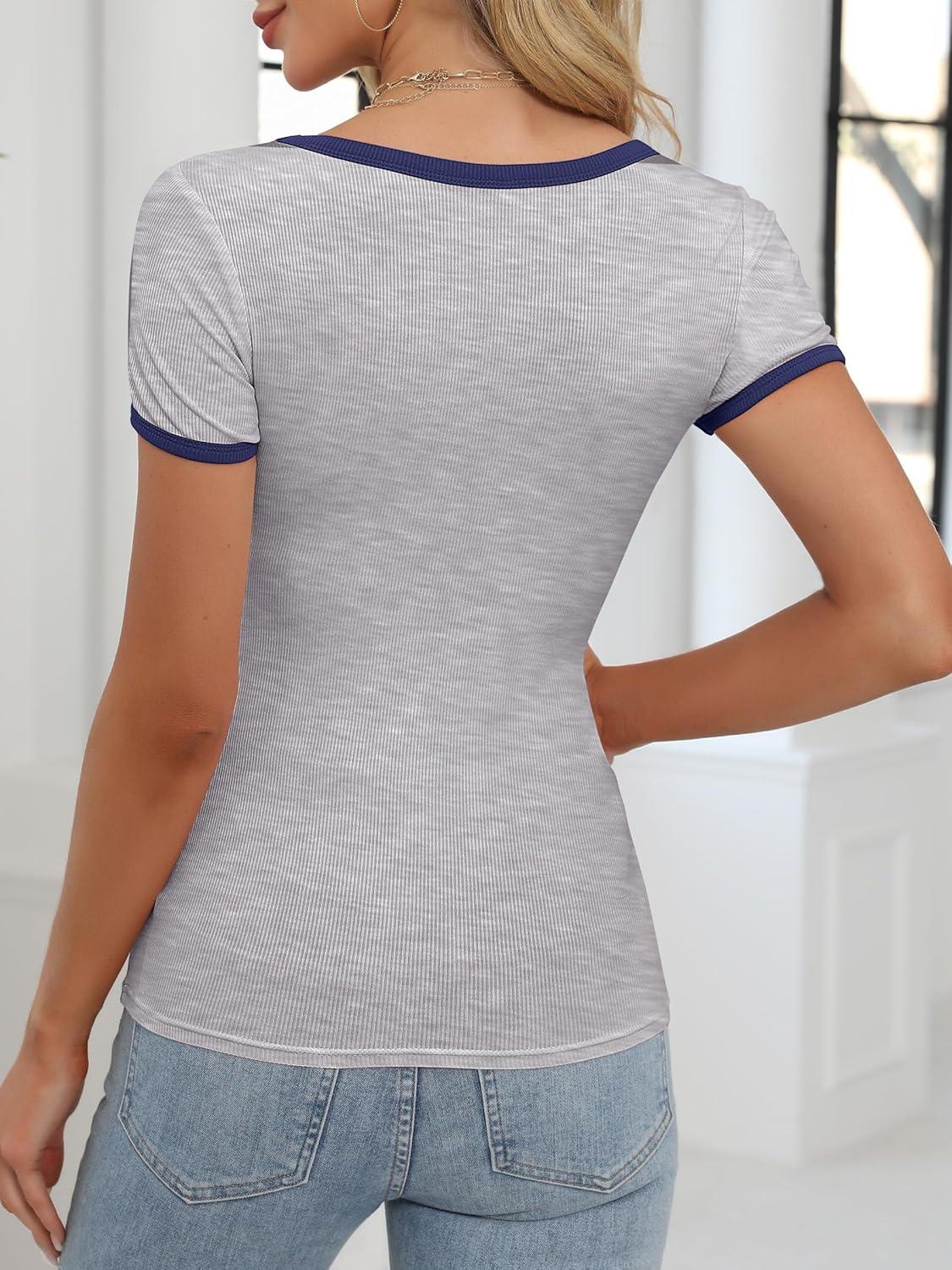 imageANRABESS Women Short Sleeve Tops Square Neck Ribbed Knit Color Block T Shirts Fitted Casual Summer 2025 Trendy Basic TeesLight Grey