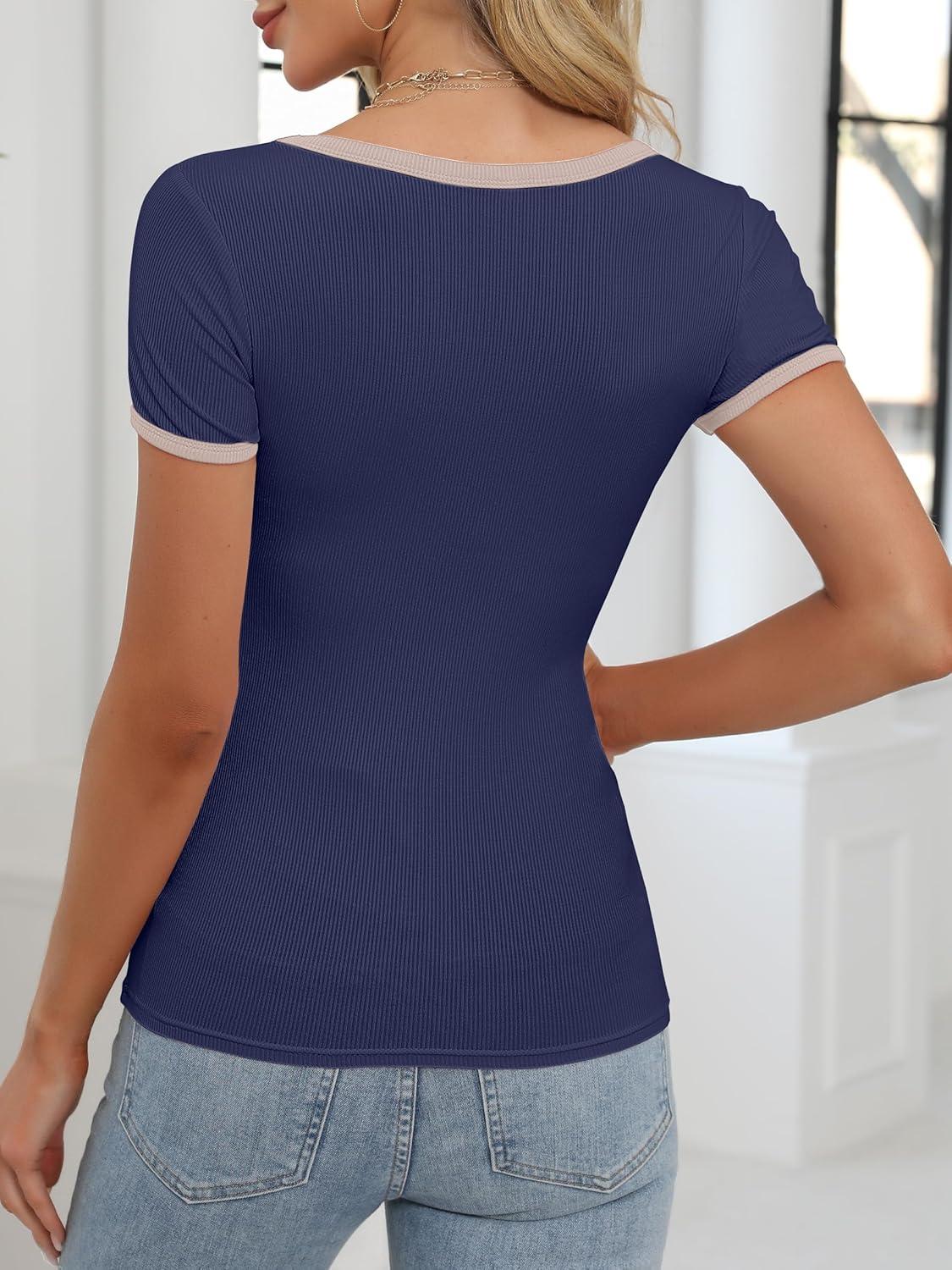 imageANRABESS Women Short Sleeve Tops Square Neck Ribbed Knit Color Block T Shirts Fitted Casual Summer 2025 Trendy Basic TeesNavy Blue
