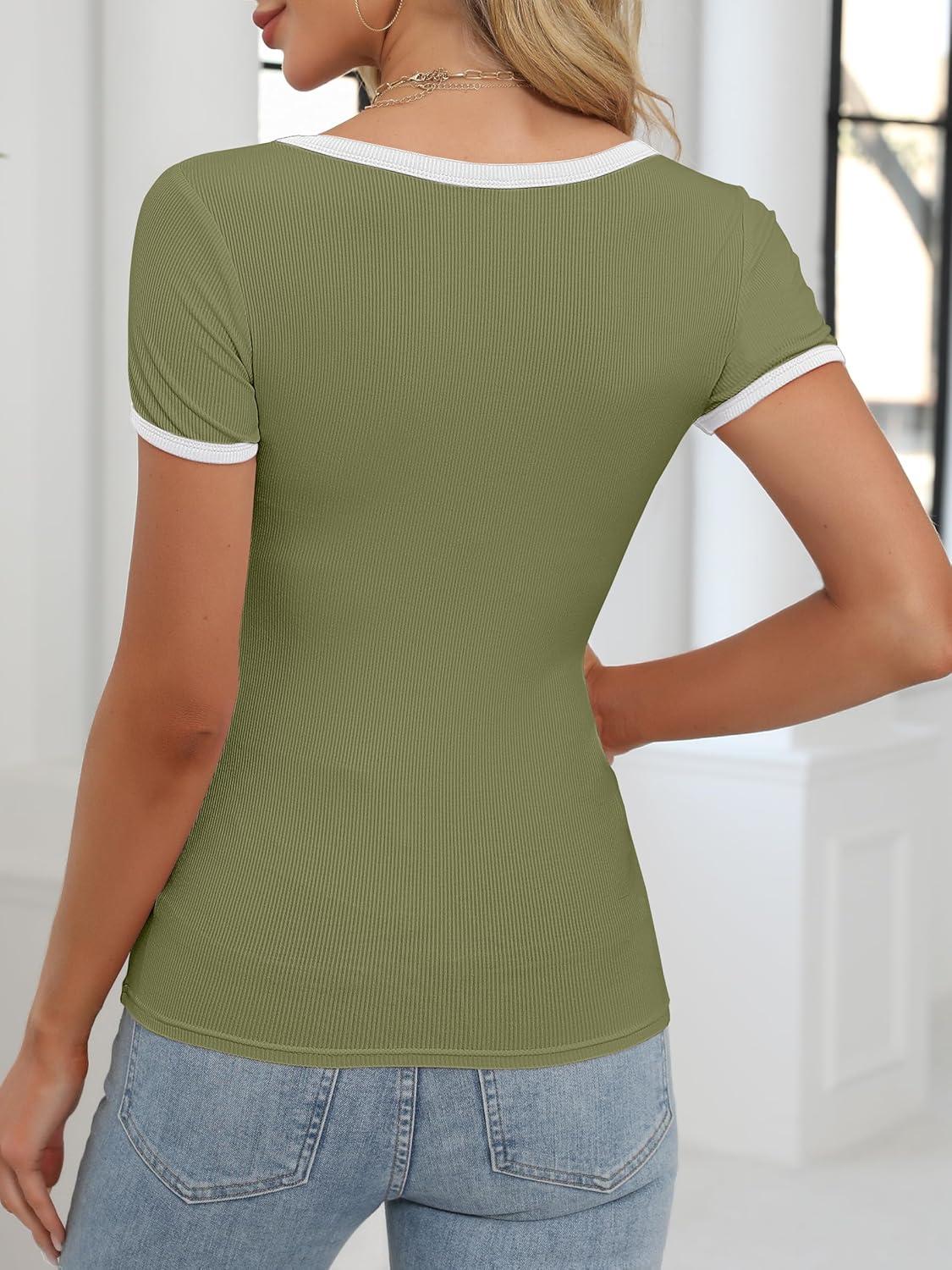 imageANRABESS Women Short Sleeve Tops Square Neck Ribbed Knit Color Block T Shirts Fitted Casual Summer 2025 Trendy Basic TeesOlive