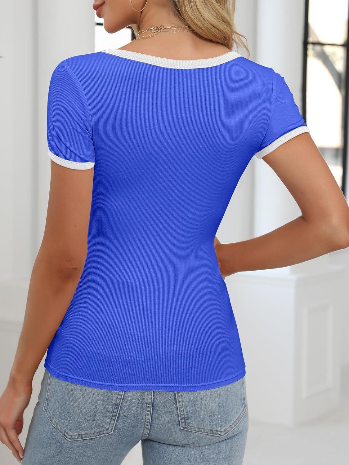 imageANRABESS Women Short Sleeve Tops Square Neck Ribbed Knit Color Block T Shirts Fitted Casual Summer 2025 Trendy Basic TeesRoyal Blue