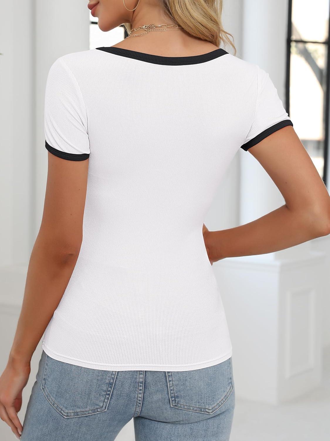 imageANRABESS Women Short Sleeve Tops Square Neck Ribbed Knit Color Block T Shirts Fitted Casual Summer 2025 Trendy Basic TeesWhite