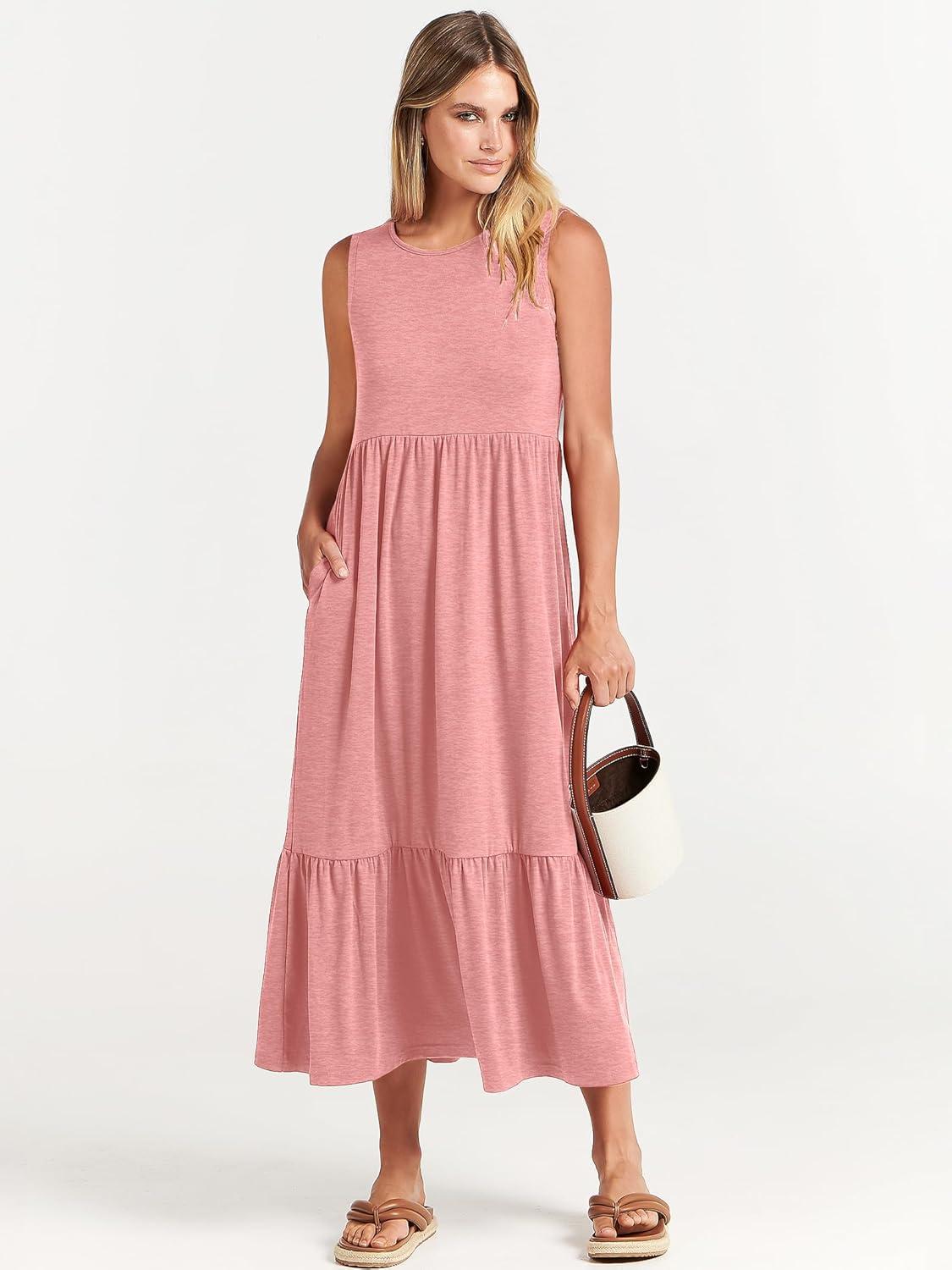 imageANRABESS Women Summer Casual Sleeveless Crewneck Sundress Aline Flowy Tiered Maxi Long Beach Dress Vacation OutfitsPink