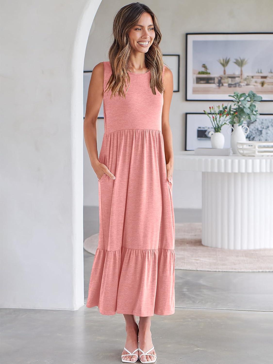 imageANRABESS Women Summer Casual Sleeveless Crewneck Sundress Aline Flowy Tiered Maxi Long Beach Dress Vacation OutfitsPink