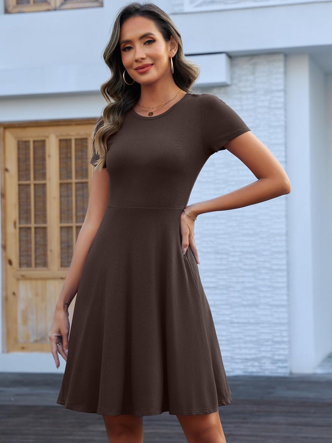 imageANRABESS Women Summer Short Sleeve Ribbed Knit Fit ampamp Flare ALine Flowy Business Casual Work Basic Mini Dress with PocketsDark Coffee