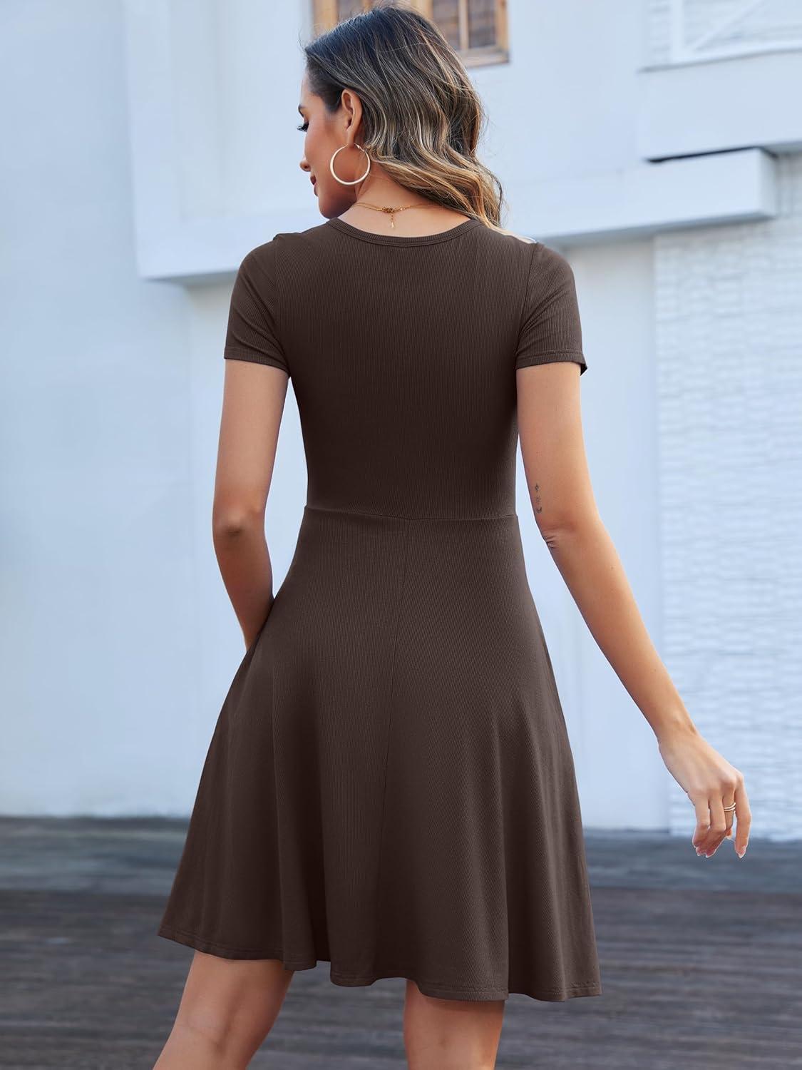 imageANRABESS Women Summer Short Sleeve Ribbed Knit Fit ampamp Flare ALine Flowy Business Casual Work Basic Mini Dress with PocketsDark Coffee