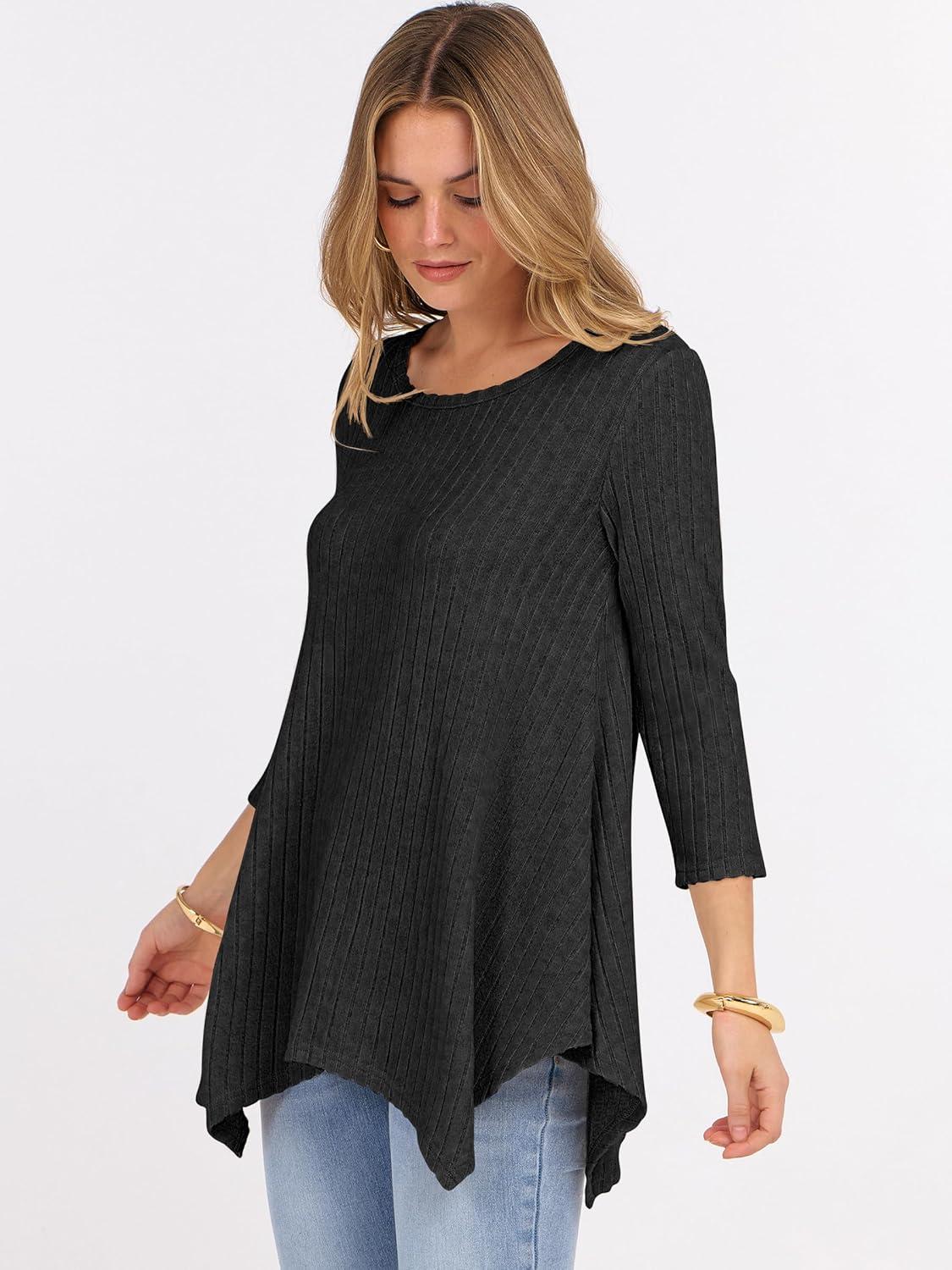 imageANRABESS Womens 34 Sleeve Flowy Tunic Tops Crew Neck Ribbed Loose Fit Side Slit Shirts Casual Blouses 2025 Fall ClothesBlack