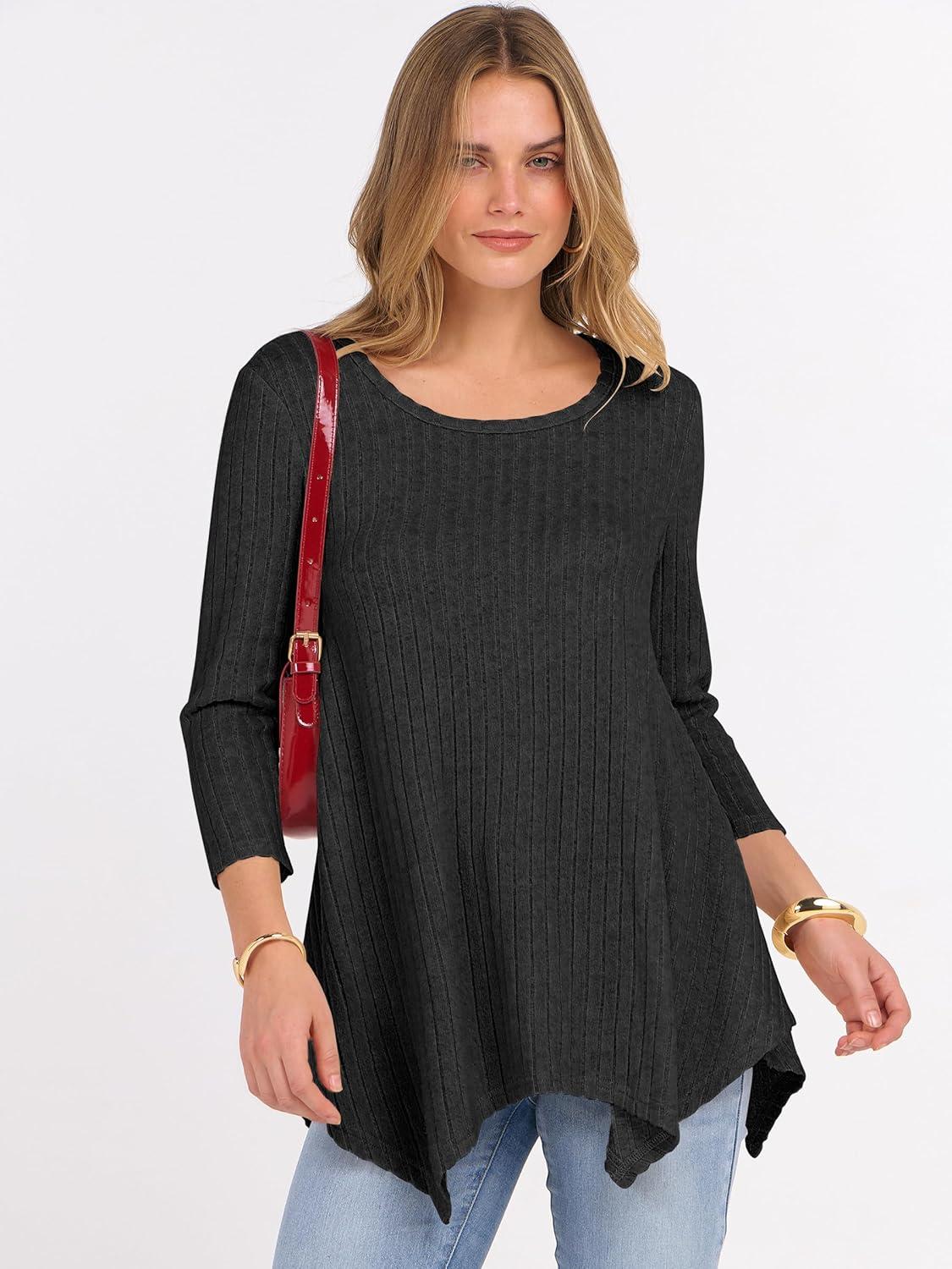 imageANRABESS Womens 34 Sleeve Flowy Tunic Tops Crew Neck Ribbed Loose Fit Side Slit Shirts Casual Blouses 2025 Fall ClothesBlack