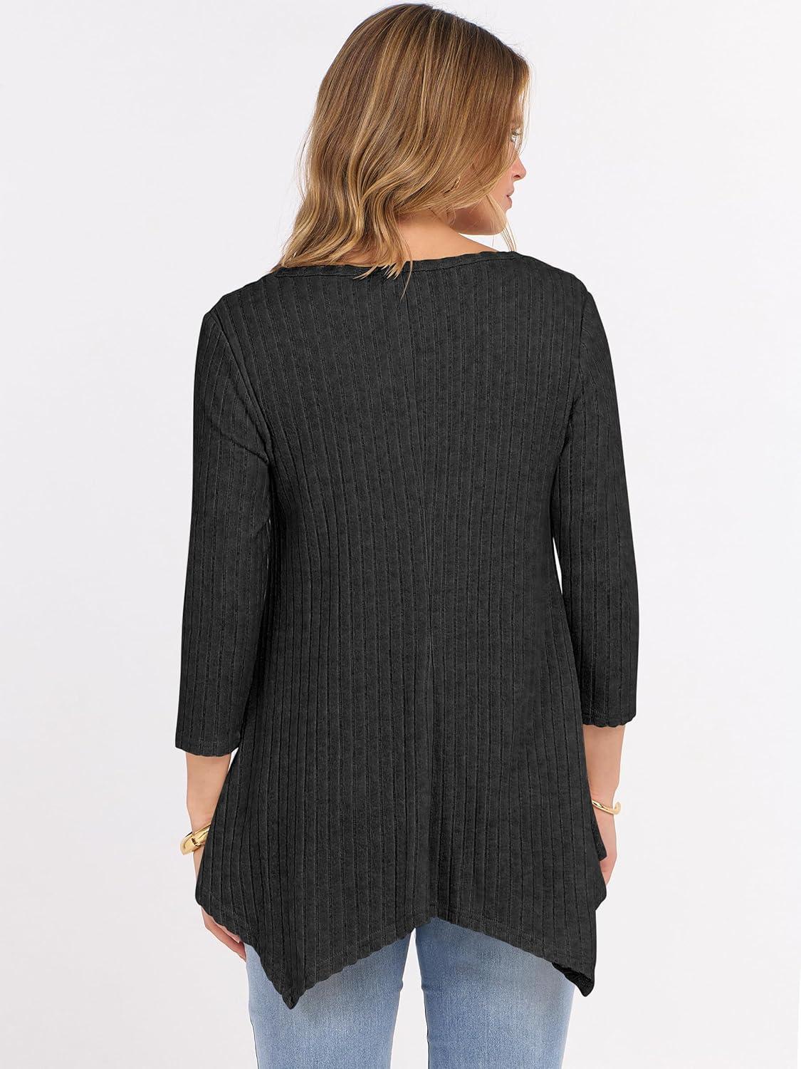 imageANRABESS Womens 34 Sleeve Flowy Tunic Tops Crew Neck Ribbed Loose Fit Side Slit Shirts Casual Blouses 2025 Fall ClothesBlack