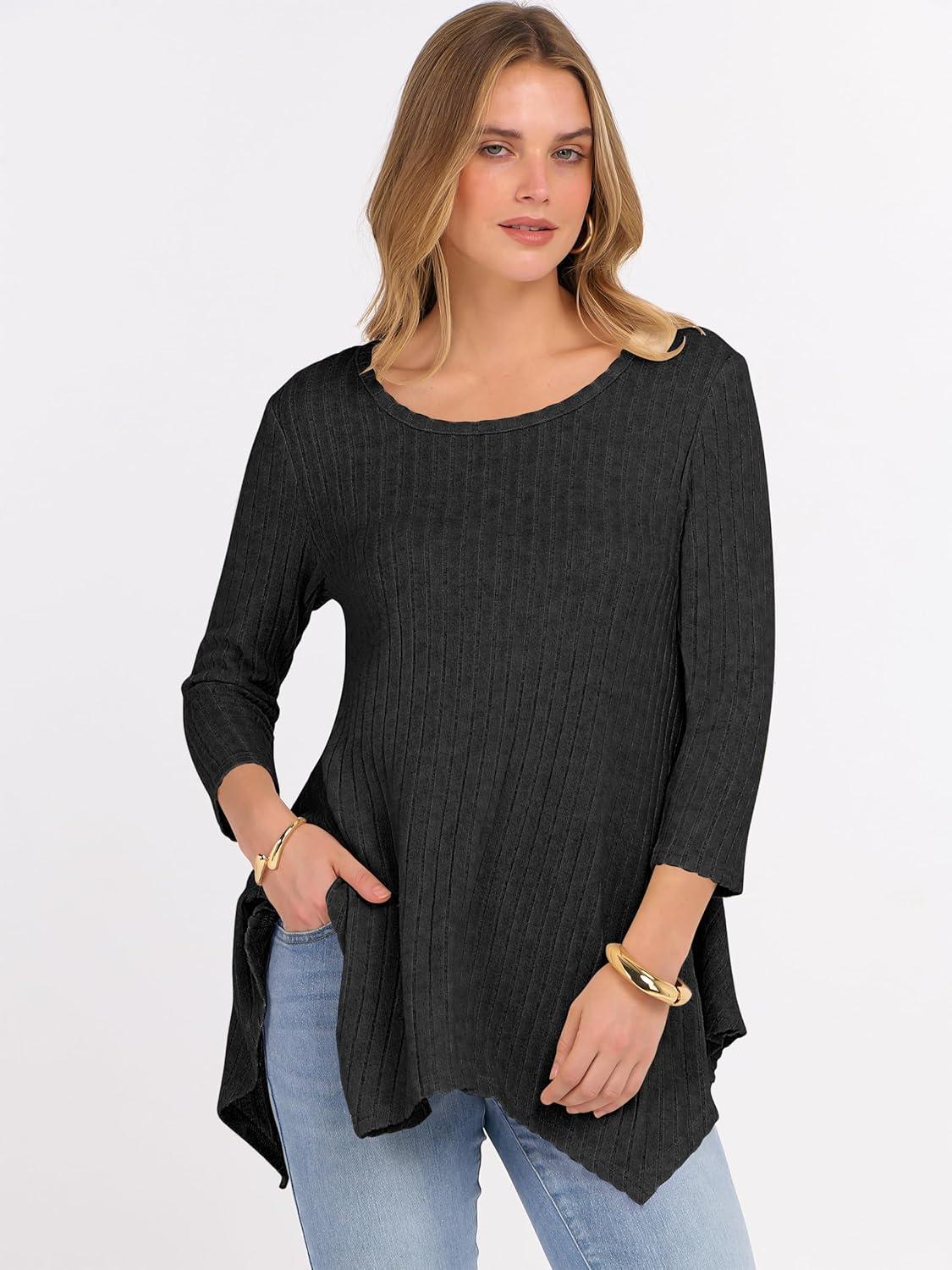 imageANRABESS Womens 34 Sleeve Flowy Tunic Tops Crew Neck Ribbed Loose Fit Side Slit Shirts Casual Blouses 2025 Fall ClothesBlack