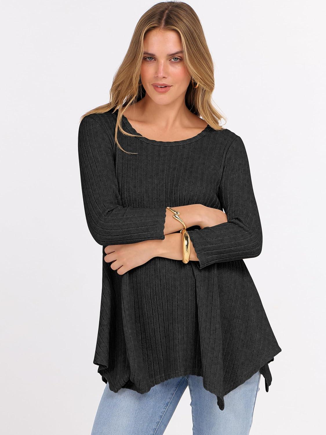 imageANRABESS Womens 34 Sleeve Flowy Tunic Tops Crew Neck Ribbed Loose Fit Side Slit Shirts Casual Blouses 2025 Fall ClothesBlack