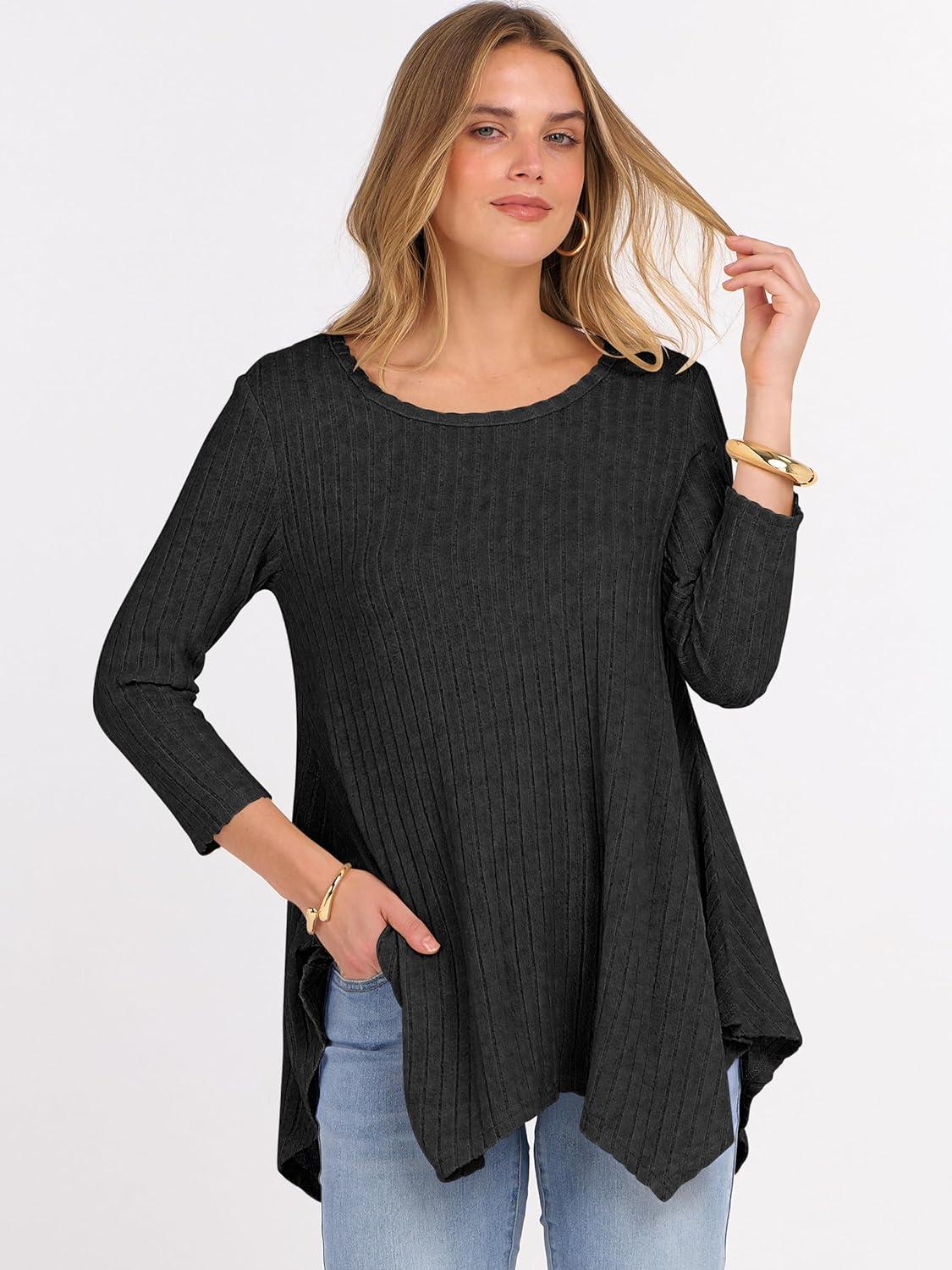 imageANRABESS Womens 34 Sleeve Flowy Tunic Tops Crew Neck Ribbed Loose Fit Side Slit Shirts Casual Blouses 2025 Fall ClothesBlack