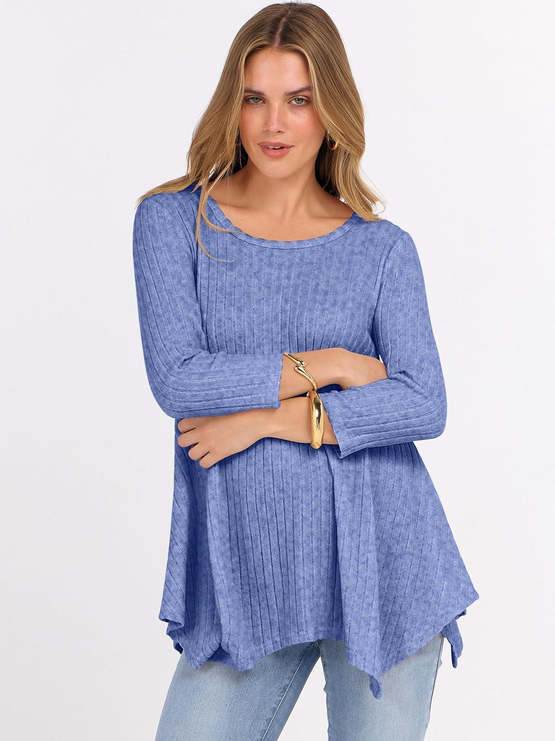 imageANRABESS Womens 34 Sleeve Flowy Tunic Tops Crew Neck Ribbed Loose Fit Side Slit Shirts Casual Blouses 2025 Fall ClothesBlue