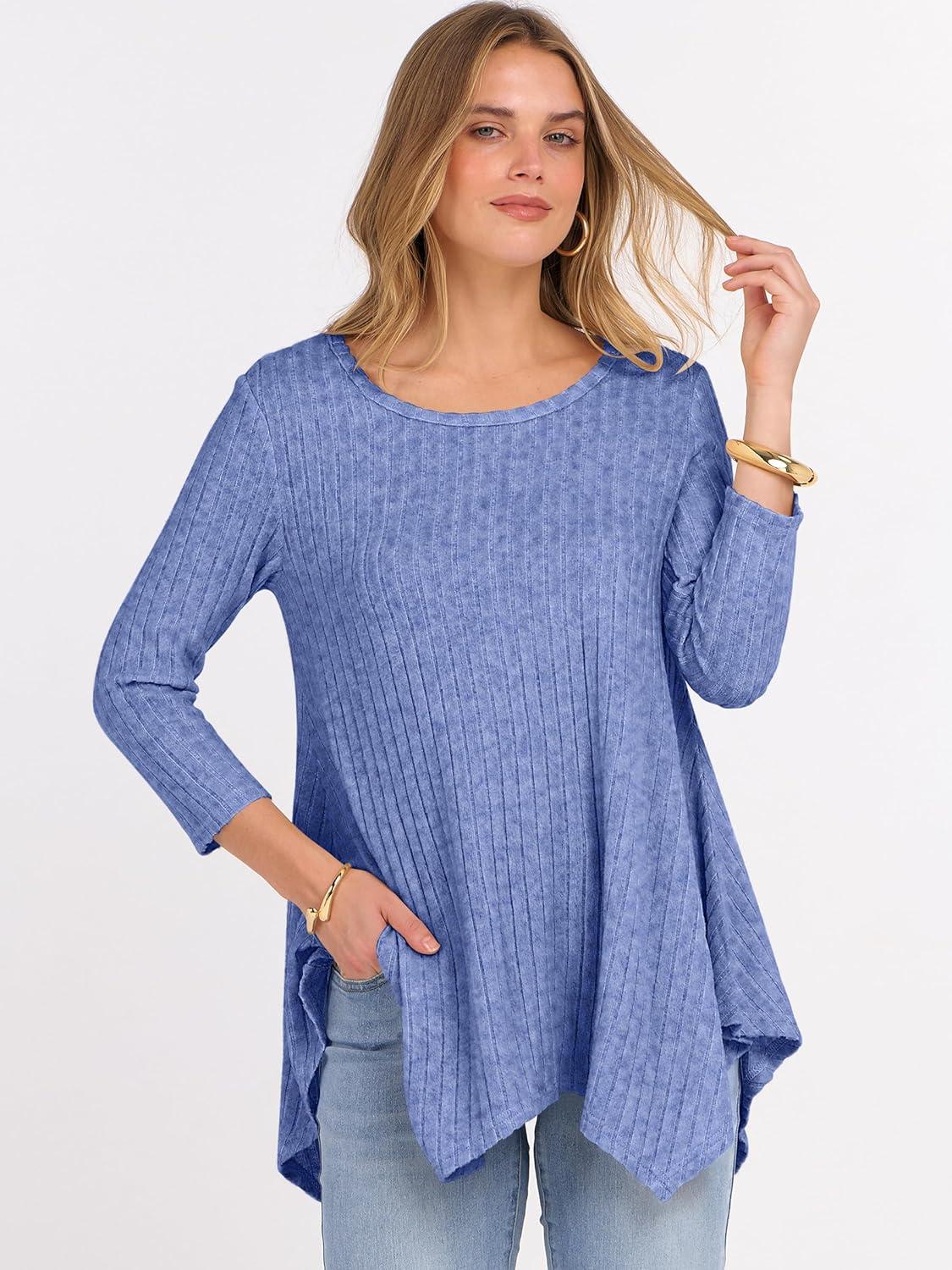 imageANRABESS Womens 34 Sleeve Flowy Tunic Tops Crew Neck Ribbed Loose Fit Side Slit Shirts Casual Blouses 2025 Fall ClothesBlue