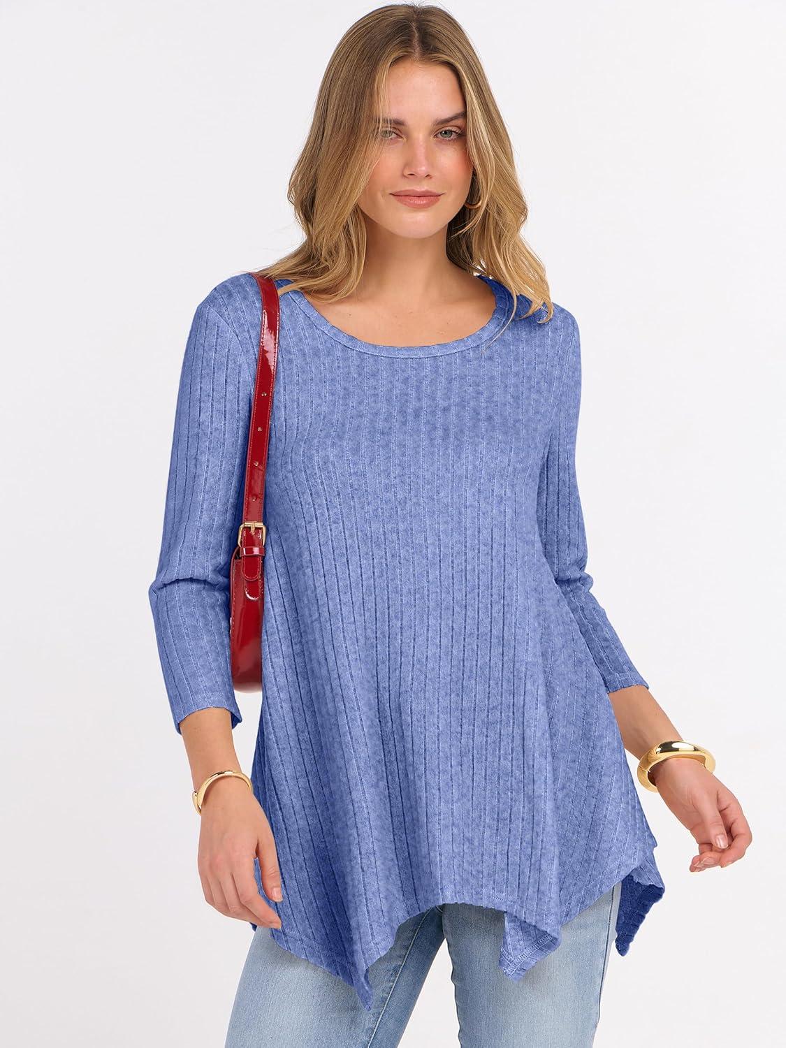 imageANRABESS Womens 34 Sleeve Flowy Tunic Tops Crew Neck Ribbed Loose Fit Side Slit Shirts Casual Blouses 2025 Fall ClothesBlue