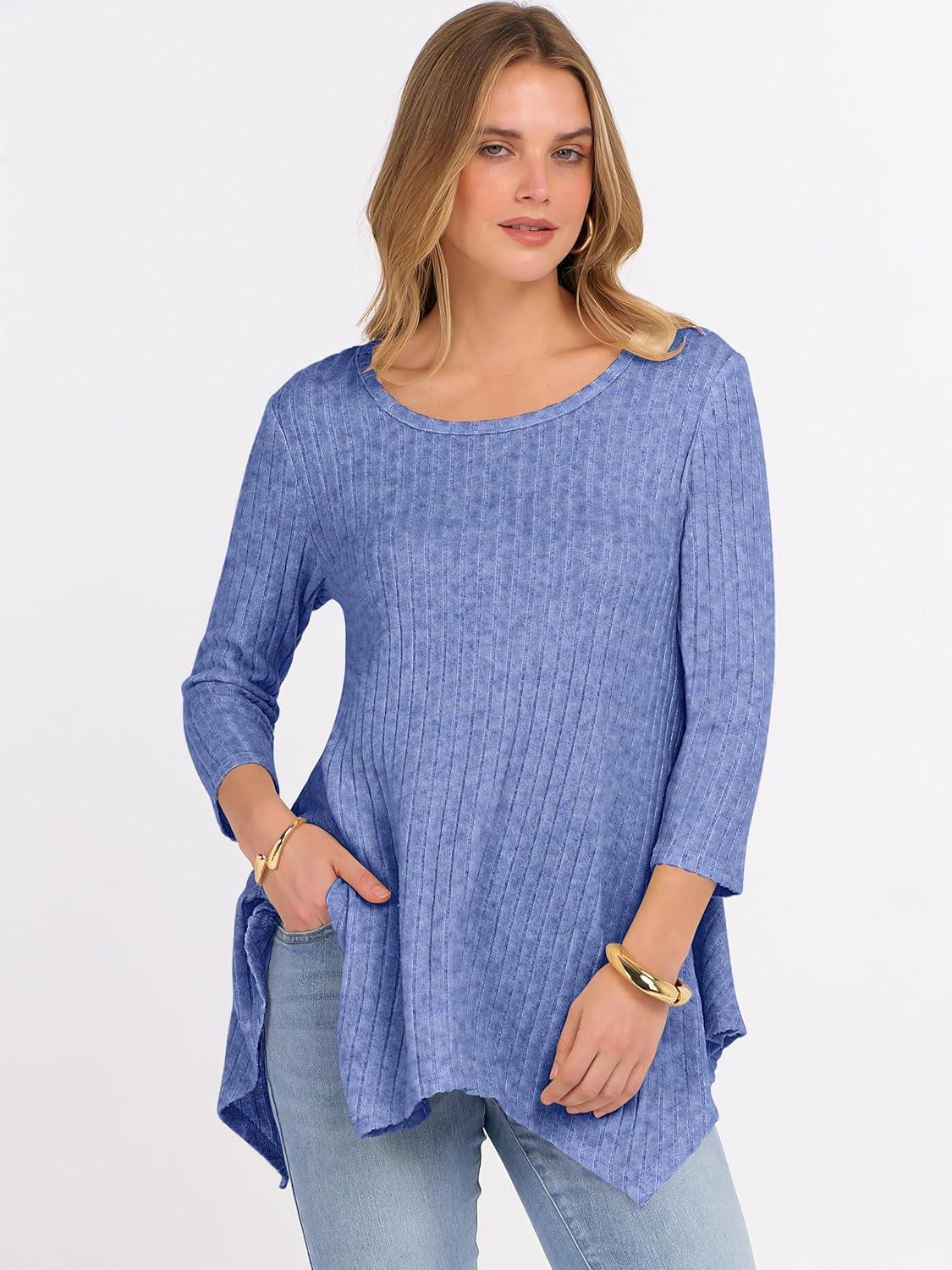 imageANRABESS Womens 34 Sleeve Flowy Tunic Tops Crew Neck Ribbed Loose Fit Side Slit Shirts Casual Blouses 2025 Fall ClothesBlue