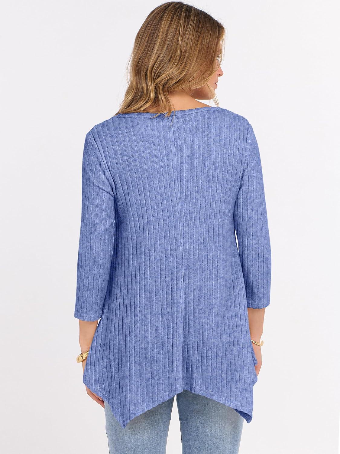 imageANRABESS Womens 34 Sleeve Flowy Tunic Tops Crew Neck Ribbed Loose Fit Side Slit Shirts Casual Blouses 2025 Fall ClothesBlue