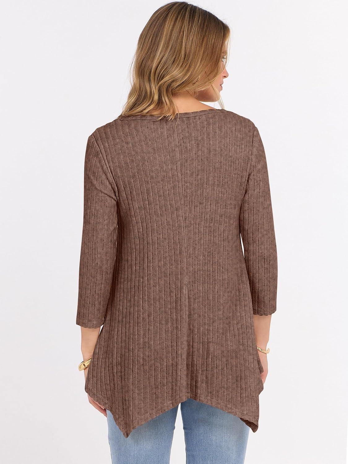 imageANRABESS Womens 34 Sleeve Flowy Tunic Tops Crew Neck Ribbed Loose Fit Side Slit Shirts Casual Blouses 2025 Fall ClothesDark Brown