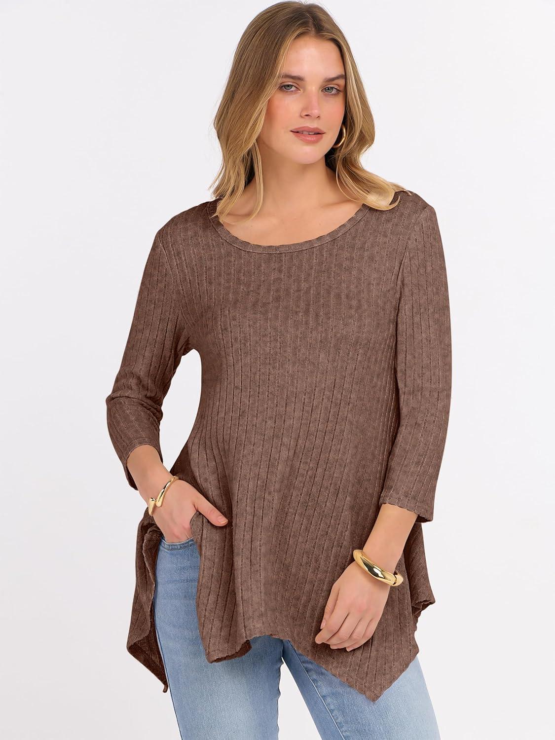 imageANRABESS Womens 34 Sleeve Flowy Tunic Tops Crew Neck Ribbed Loose Fit Side Slit Shirts Casual Blouses 2025 Fall ClothesDark Brown